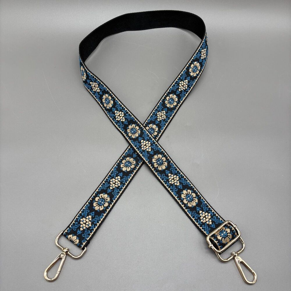 Adjustable Purse Strap Replacement Crossbody Floral Woven Blue Black Gold Tone